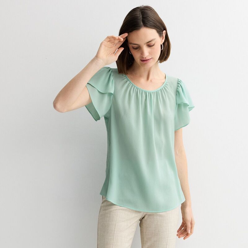 ナインウェスト レディース トップス シャツ クルーネック ブラウス Women's Nine West Gathered Crewneck Tulip Sleeve Blouserene Green グリーン