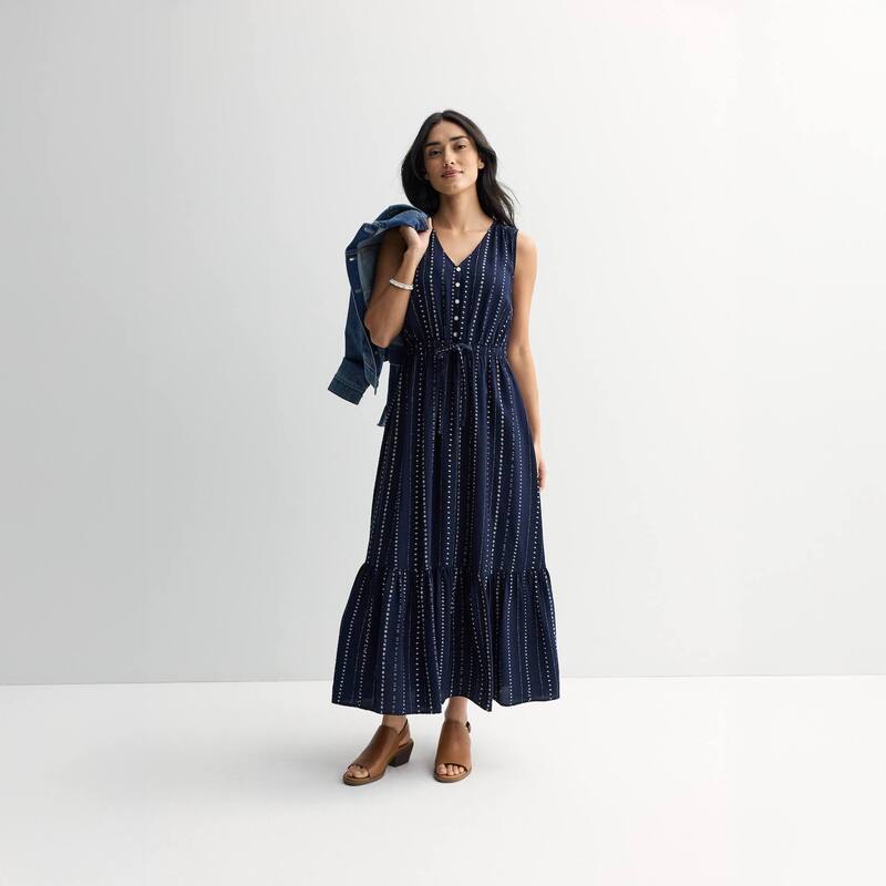 ソノマ レディース トップス ワンピース マキシ Women'sonoma Goods For Lifemme Button Bodice Maxi Dress Navy Blue Dot Dye ネイビー
