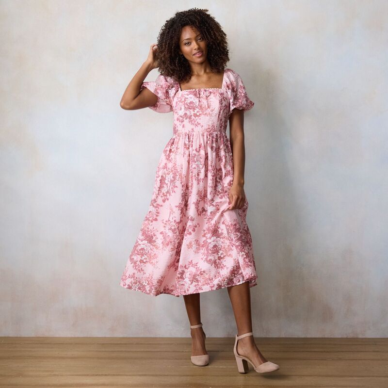 LC Lauren Conrad レディース トップス ワンピース フラワー柄 プチ ミディ フラワー Petite LC Lauren Conrad Floral Puff Sleeve Midi Dress Berry Naples Blooms
