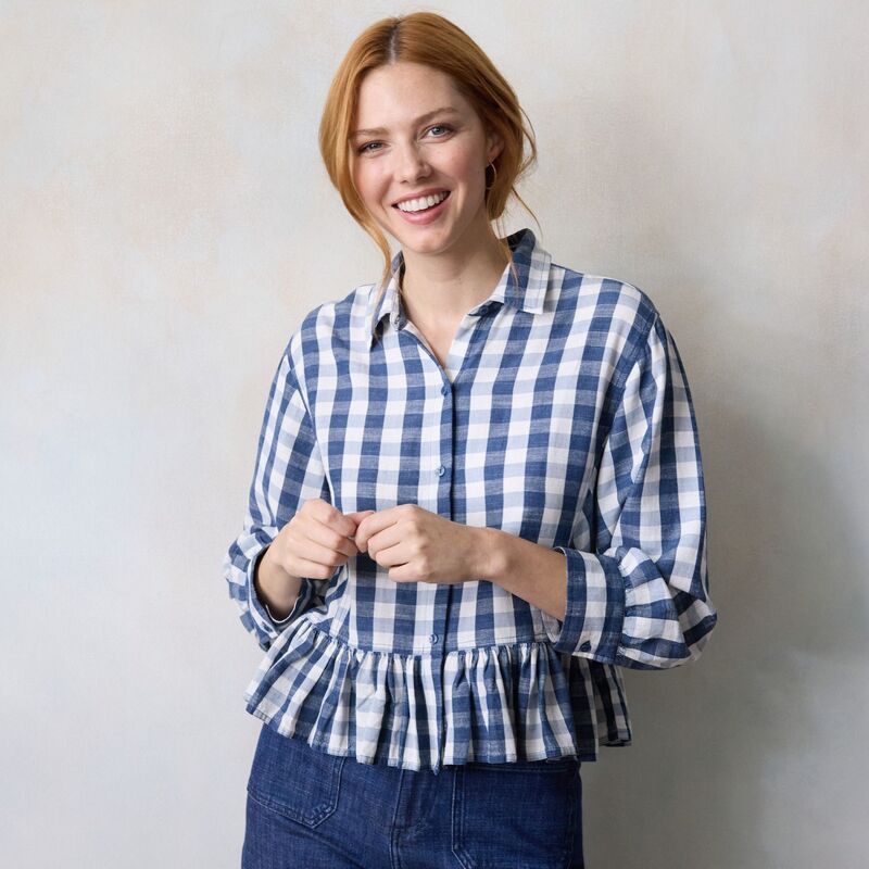 LC Lauren Conrad レディース トップス シャツ フリル Women's LC Lauren Conrad Collared Button-Front Shirt With Ruffle Navy Lovin Gingham ネイビー