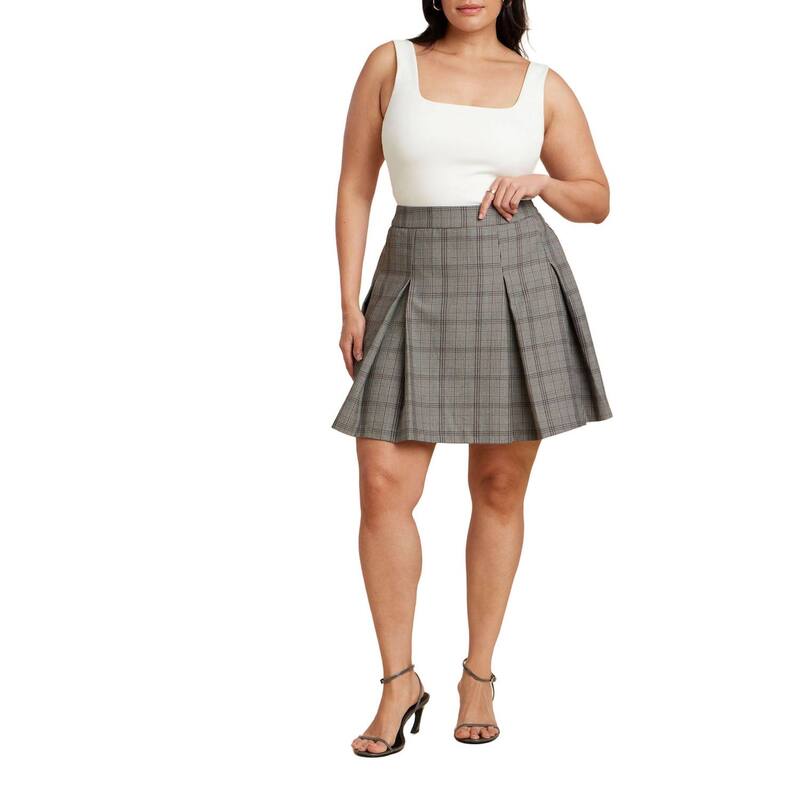 エロクイ レディース ボトムスカート プラスサイズ プリーツ ミニ ELOQUII Women Plusize Pleated Mini Skirt Grey Plaid グレー