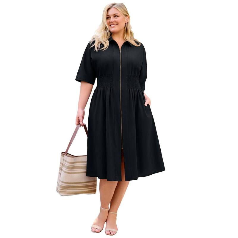 アベニュー レディース トップス ワンピース プラスサイズ シャーリング Avenue Women's Plusize Smocked Zip Front Dress Black ブラック