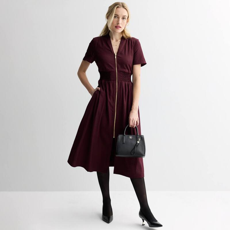 ナインウェスト レディース トップス 衣装 プチ midi Petite Nine West Zip Front Midi Dress Maddie Plum 酸桃 ワンピース-レディースファッション
