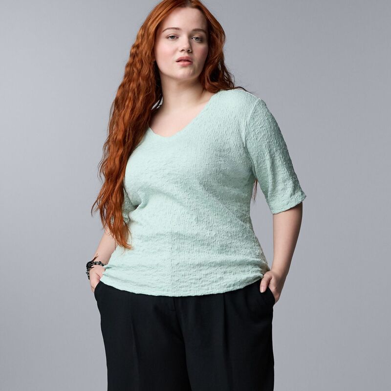 ヴェラウォン レディース トップス Tシャツ Vネック プラスサイズ Plusize Simply Vera Wang V-Neck Short Sleeve Pucker Top Dreamy Sage セージ