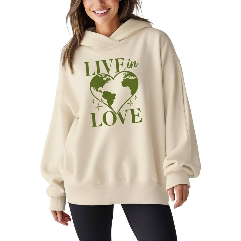 アニメキャラクター レディース トップス Tシャツ スウェット フリース パーカー Licensed Character Women's Live In Love Heart Shaped Earth Oversized Fleece Hoodie Sweatshirt Cream クリーム|ReVida 店