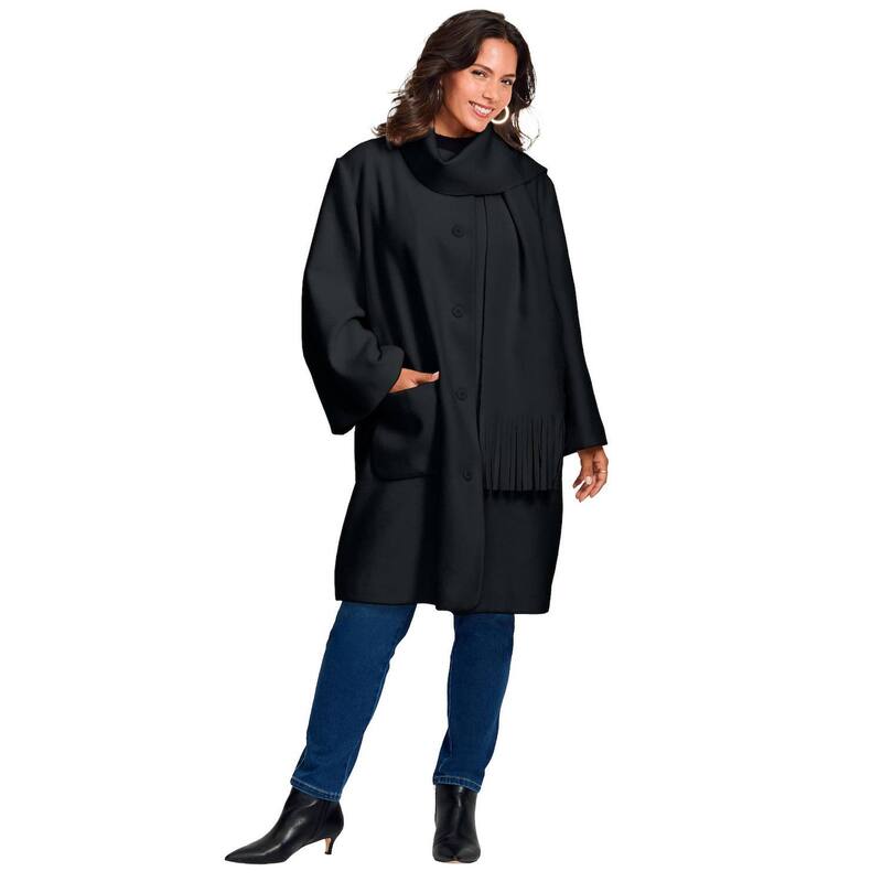 アベニュー レディース アウター 上衣・上衣 つけ加える大きさ 厚地の外套 フリンジ Avenue Women\u0027s Plusize Detachable Fringe Scarf Coat Black 黒いこと