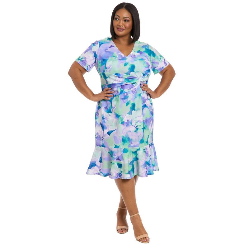 ロンドンタイムス レディース トップス ワンピース Vネック プラスサイズ ミディ Plusize London Times V-Neck Twist Flounce Midi Dress Blue Multi ブルー