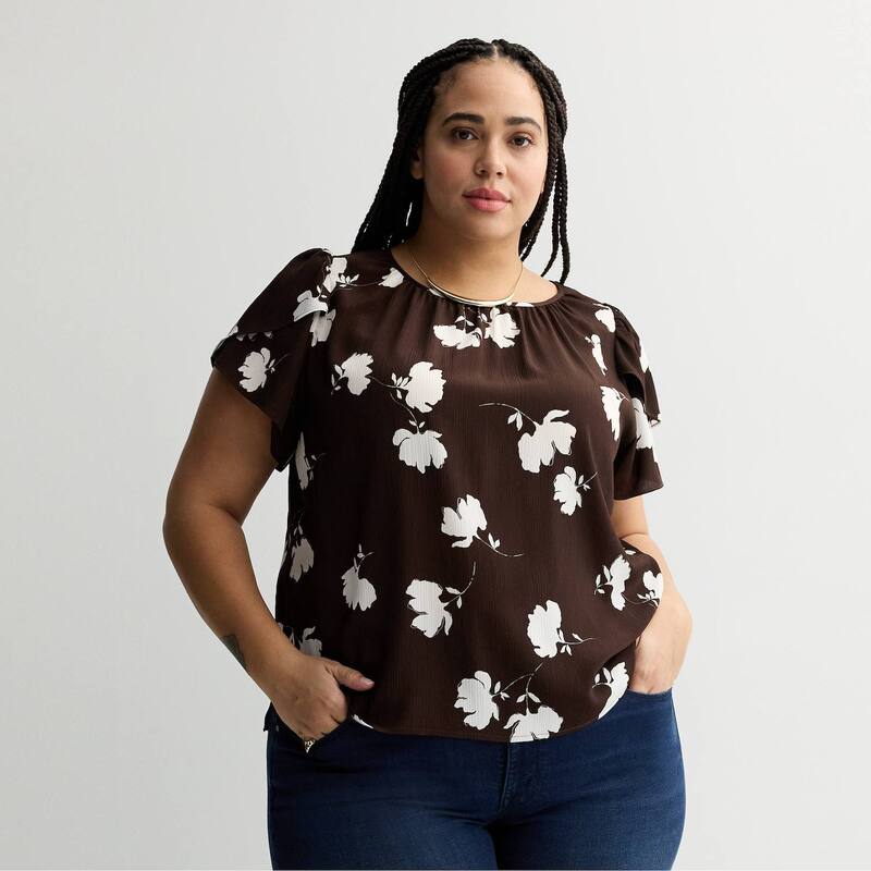 ナインウェスト レディース トップス シャツ プラスサイズ ブラウス Plusize Nine Westulip Sleeve Blouse Brown Petra Floral ブラウン 10,980円