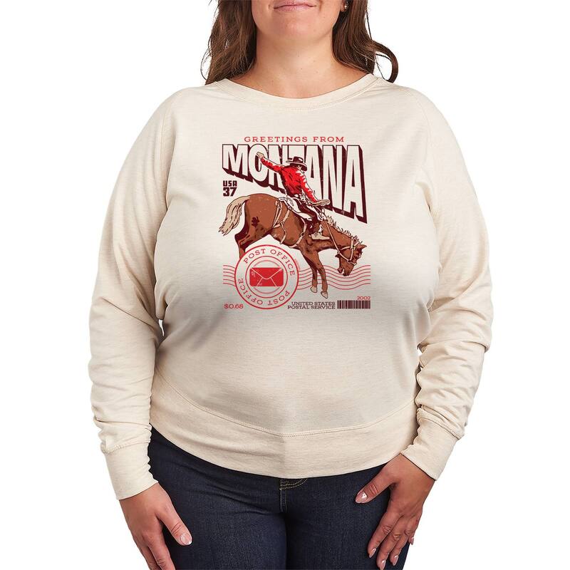 アニメキャラクター レディース トップス Tシャツ プラスサイズ パイル Licensed Character Plusize USPS Greetings Fromontana French Terry Long Sleeve Tee Beige ベージュ