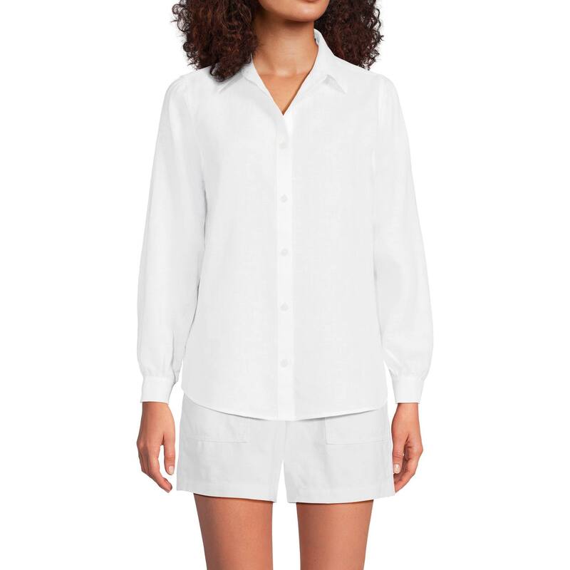 ランズ挙げ句の果て レディース トップス プルオーバー ミニ リネン Women\u0027s Lands\u0027 End Long Sleeve Linen Feminine Shirt White 白いこと