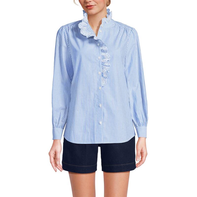 ランズ挙げ句の果て レディース トップス プルオーバー フラウンス Women\u0027s Lands\u0027 End Poplin Ruffle Button Front Shirt Blue White Stripe 白いこと