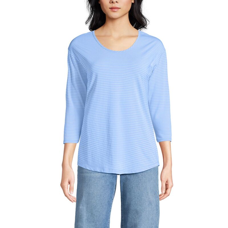 ランズエンド レディース トップス Tシャツ プチ ジャージー Petite Lands' End 3/4 Sleeve Lightweight Jersey Shirttail Tee Blue Sky Thin Stripe ブルー｜ReVida 店