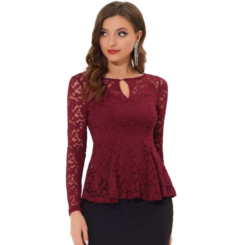 アレグラ ケー レディース トップス シャツ シアー ブラウス レース ALLEGRA K Women's Lace Tops Keyhole Front Peplum Hem Sheer Long Sleeve Blouse Burgundy バーガンディ｜ReVida 店 11,005円
