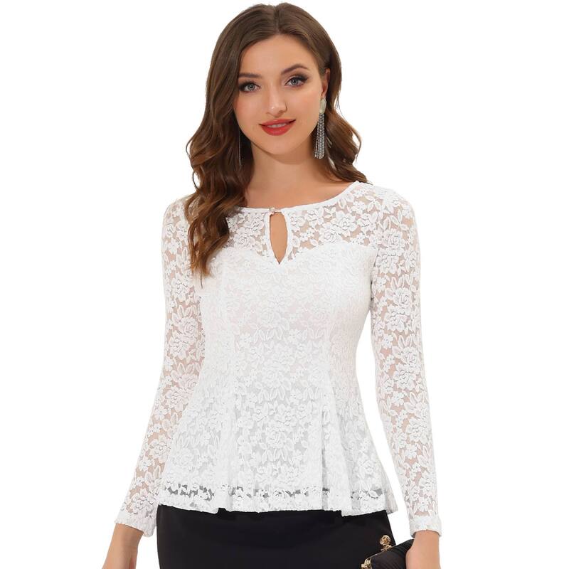 アレグラ ケー レディース トップス シャツ シアー ブラウス レース ALLEGRA K Women's Lace Tops Keyhole Front Peplum Hem Sheer Long Sleeve Blouse White ホワイト