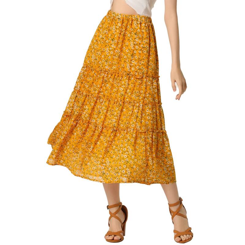 アレグラ ケー レディース ボトムスカート ティアード フラワー柄 プリント フリル マキシ フラワー ALLEGRA K Women's Floral Print Elastic Waist Ruffle Maxi Tiered Skirt Ginger|ReVida 店