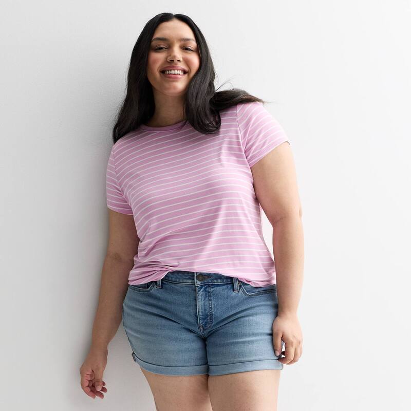 エスオー レディース トップス Tシャツ クルーネック プラスサイズ Juniors' PlusO Short Sleeve Crewneck Tee Purple Stripe パープル