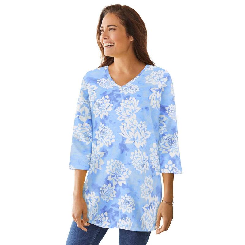 ウーマン ウィズイン レディース トップス Tシャツ Vネック プラスサイズ プリント Woman Within Plusize Perfect Printed Three-Quarter Sleeve V-Neck Tee French Blue Soft Lotus ブルー