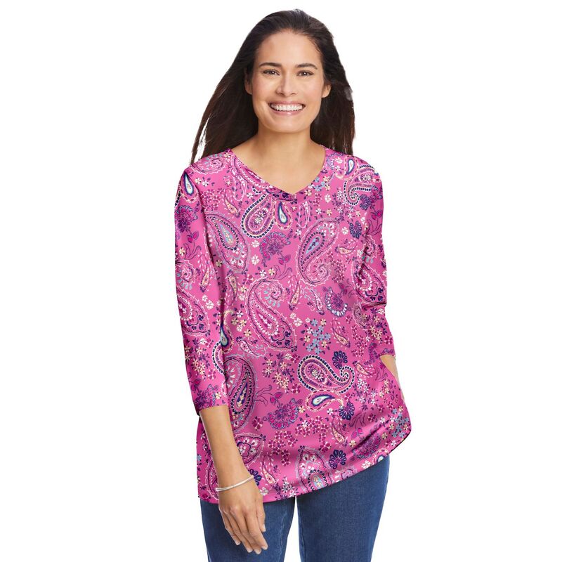 ウーマン ウィズイン レディース トップス Tシャツ Vネック プラスサイズ プリント Woman Within Plusize Perfect Printed Three-Quarter Sleeve V-Neck Tee Peony Petal Paisley