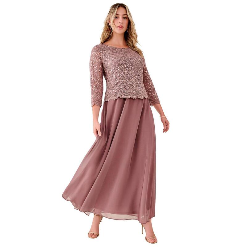 ロアマンズ レディース トップス ワンピース A ライン プラスサイズ レース Roaman's Women's Plusize Sparkle Lace Popover A-Line Gown With 3/4 Sleeves Deep Taupe トープ