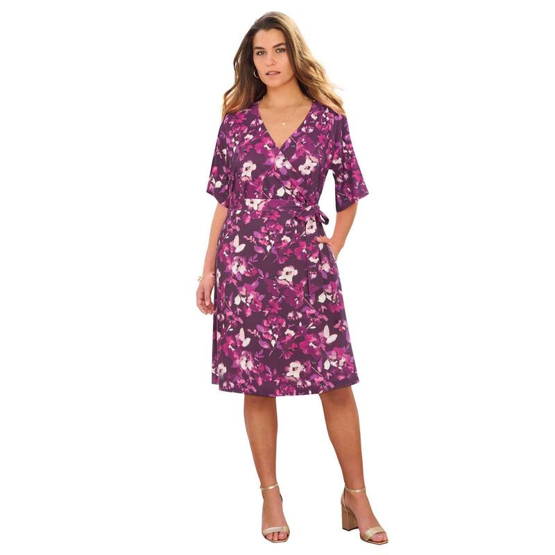 ロアマンズ レディース トップス ワンピース プラスサイズ Roaman's Women's Plusize Short Sleeve Wrap Fit And Flare Dress Dark Berry Watercolor｜ReVida 店