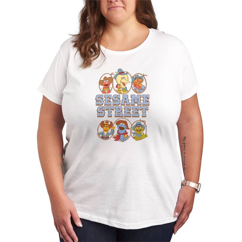 アニメキャラクター レディース トップス Tシャツ プラスサイズ グラフィック Licensed Character Plusize Sesame Street Western Character Grid Graphic Tee White ホワイト