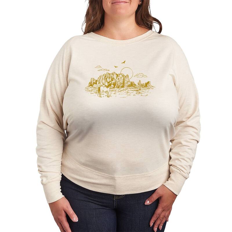 アニメキャラクター レディース トップス Tシャツ プラスサイズ パイル キャップ ケープ Licensed Character Plusize Western Desert Landscape French Terry Long Sleeve Tee Beige ベージュ