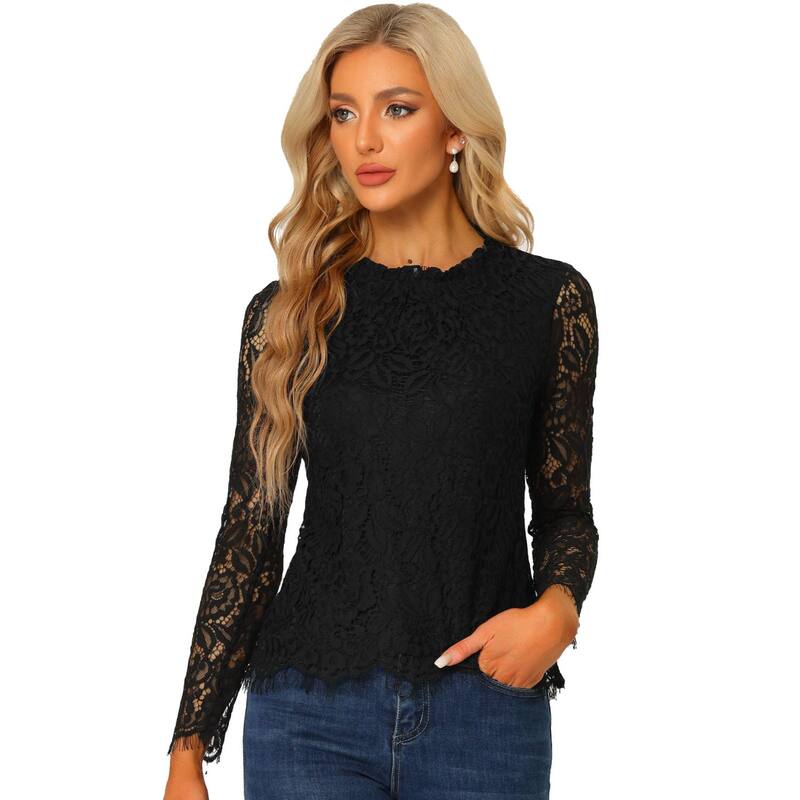 アレグラ ケー レディース トップス シャツ フラワー柄 フリル ブラウス レース フラワー ALLEGRA K Women's Lace Top Long Sleeve Ruffle Neck Floral Blouse Black ブラック 9,926円