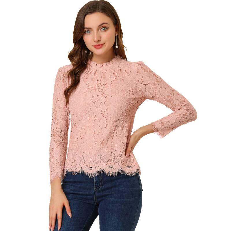 アレグラ ケー レディース トップス シャツ フラワー柄 フリル ブラウス レース フラワー ALLEGRA K Women's Lace Top Long Sleeve Ruffle Neck Floral Blouse Pinks