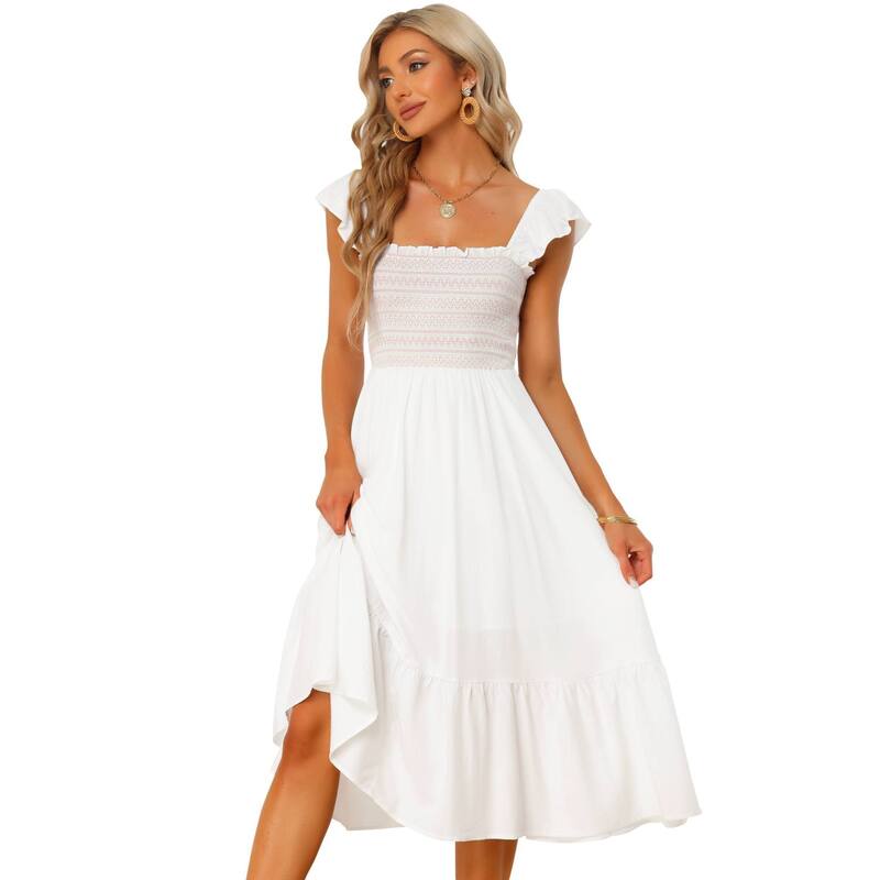 アレグラ ケー レディース トップス ワンピース ティアード フリル ミディ ノースリーブ シャーリング ALLEGRA K Women'smocked Sundress Casual Square Neck Sleeveless Ruffle Tiered Midi Dress White ホワイト|ReVida 店