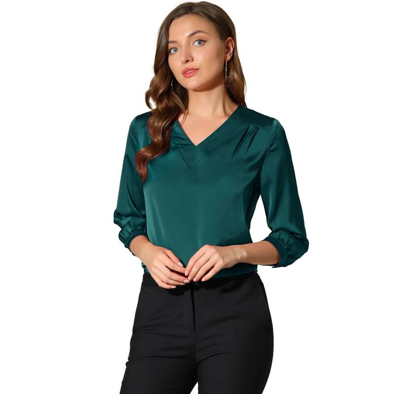 アレグラ ケー レディース トップス シャツ Vネック サテン ブラウス ALLEGRA K Women's V-Neck 3/4 Sleeve Casual Office Work Satin Blouses Blue Green ブルー|ReVida 店