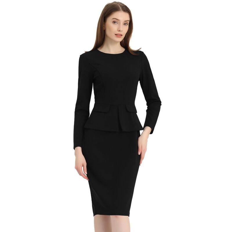 アレグラ ケー レディース トップス ワンピース ALLEGRA K Women's Bodycon Pencil Dress Round Neck 3/4 Sleeve Peplum Wear to Work Office Sheath Dress Black ブラック