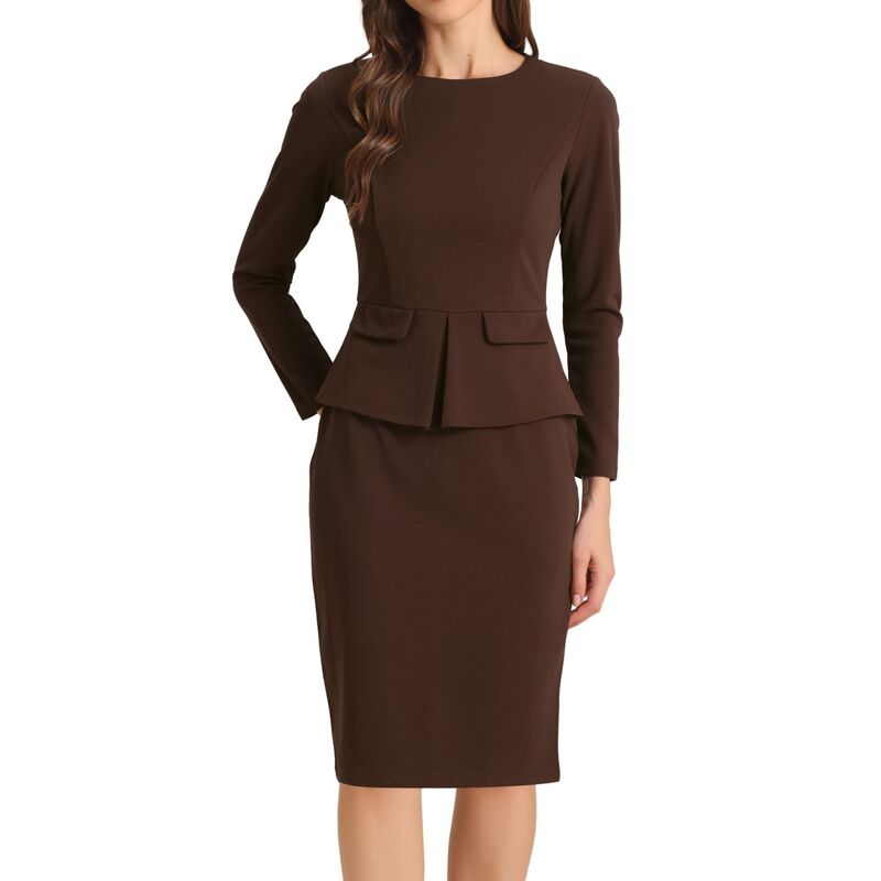 アレグラ ケー レディース トップス ワンピース ALLEGRA K Women's Bodycon Pencil Dress Round Neck 3/4 Sleeve Peplum Wear to Work Office Sheath Dress Dark Brown ブラウン