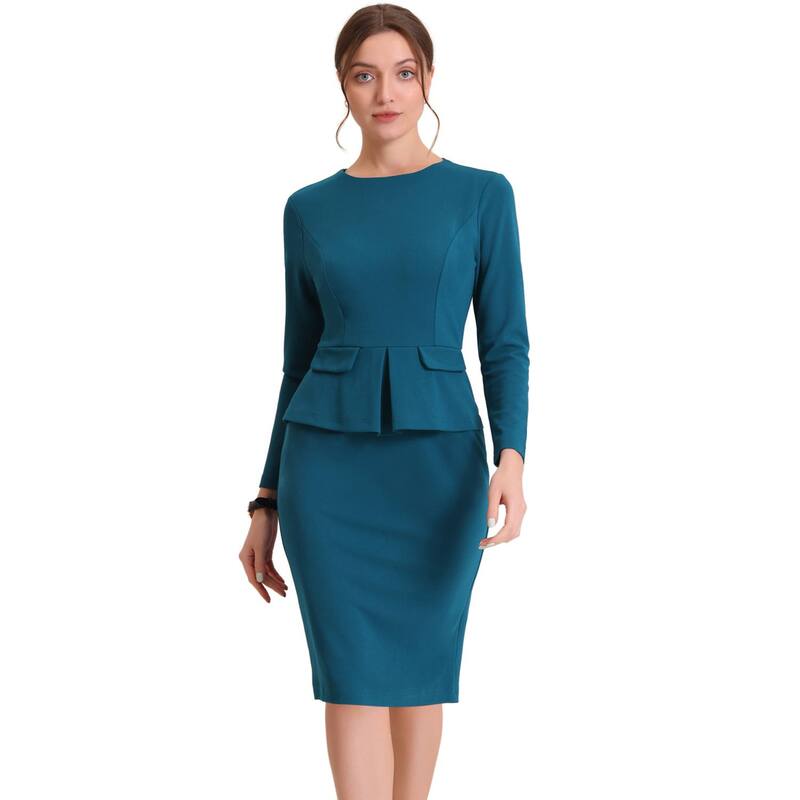 アレグラ ケー レディース トップス ワンピース ALLEGRA K Women's Bodycon Pencil Dress Round Neck 3/4 Sleeve Peplum Wear to Work Office Sheath Dress Lake Blue ブルー