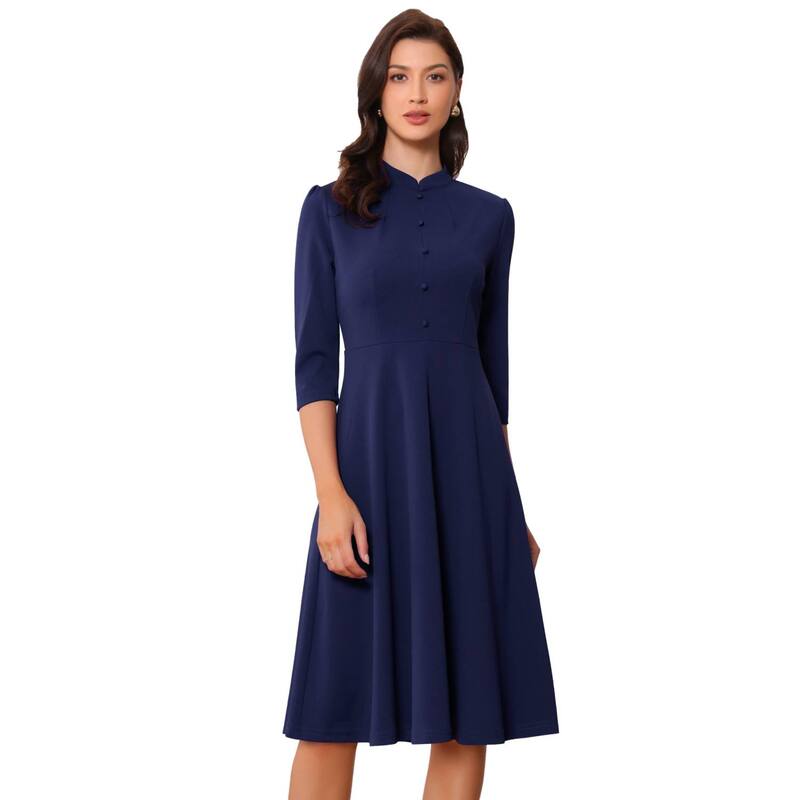 アレグラ ケー レディース トップス ワンピース A ライン ALLEGRA K Sheath Dresses for Women's 3/4 Sleevestand Collar Elegant Business A-Line Dress Dark Blue ブルー｜ReVida 店