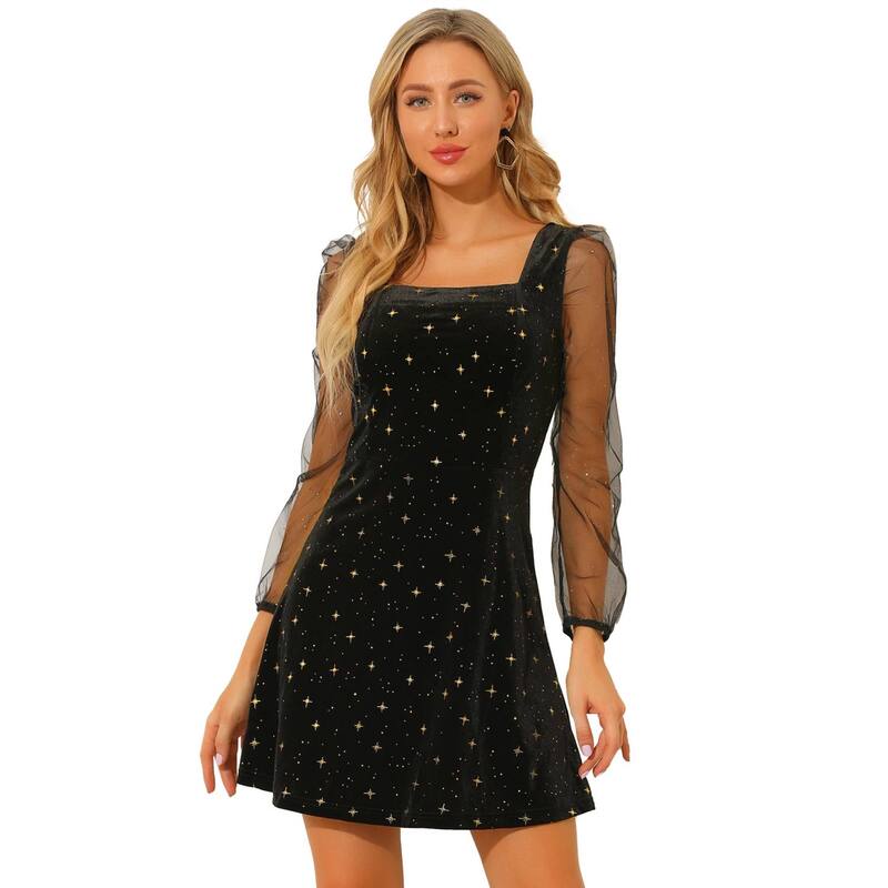 アレグラ ケー レディース トップス ワンピース メッシュ ベルベット シアー ALLEGRA K Women's Mesheer Long Sleeve Square Neck Velvet Star Prom Dress Black ブラック｜ReVida 店