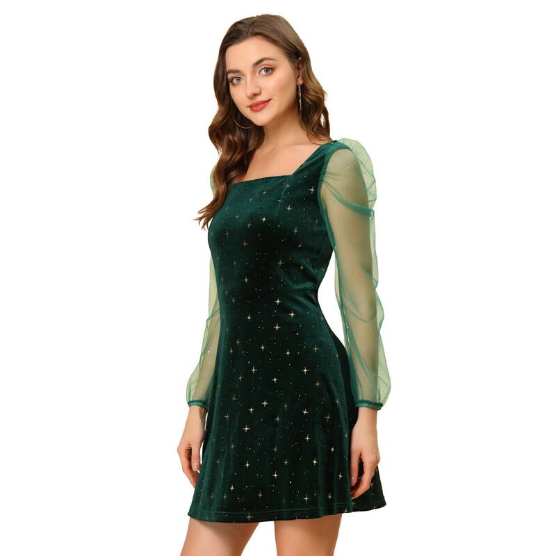 アレグラ ケー レディース トップス ワンピース メッシュ ベルベット シアー ALLEGRA K Women's Mesheer Long Sleeve Square Neck Velvet Star Prom Dress Green グリーン｜ReVida 店