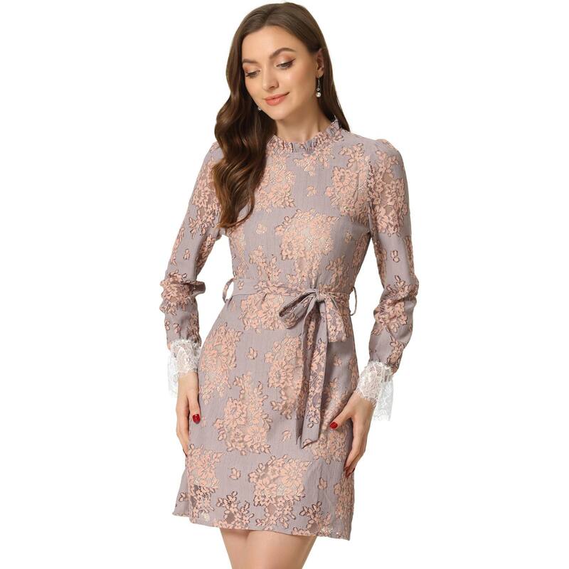 アレグラ ケー レディース トップス ワンピース クルーネック フラワー柄 フリル ミニ レース フラワー ALLEGRA K Women's Ruffle Crew Neck Long Sleeves Floralace Casual Mini Dress Grey Pink グレー