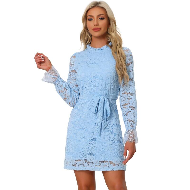 アレグラ ケー レディース トップス ワンピース クルーネック フラワー柄 フリル ミニ レース フラワー ALLEGRA K Women's Ruffle Crew Neck Long Sleeves Floralace Casual Mini Dressky Blue ブルー|ReVida 店