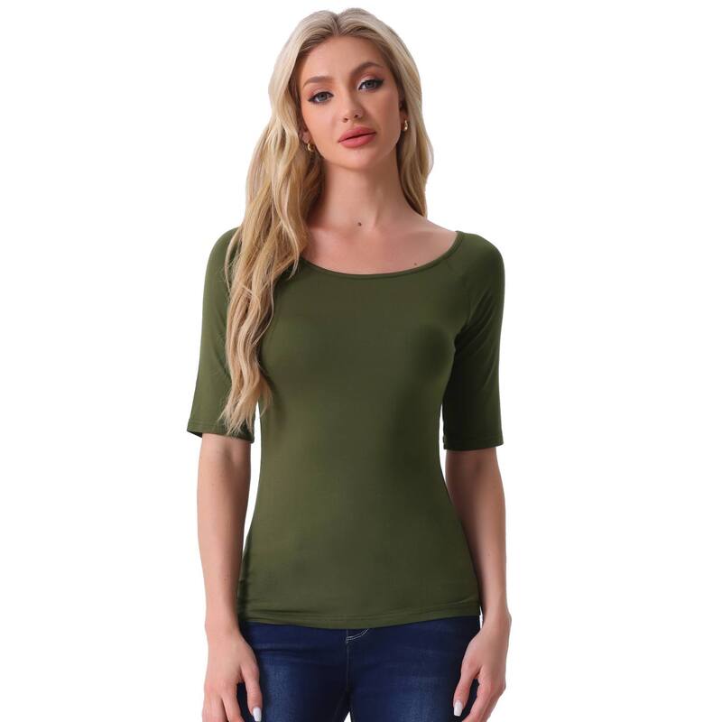 アレグラ ケー レディース トップス シャツ ALLEGRA K Women's Half Sleevescoop Neck Fitted Layering Top T-Shirt Army Green グリーン 10,980円
