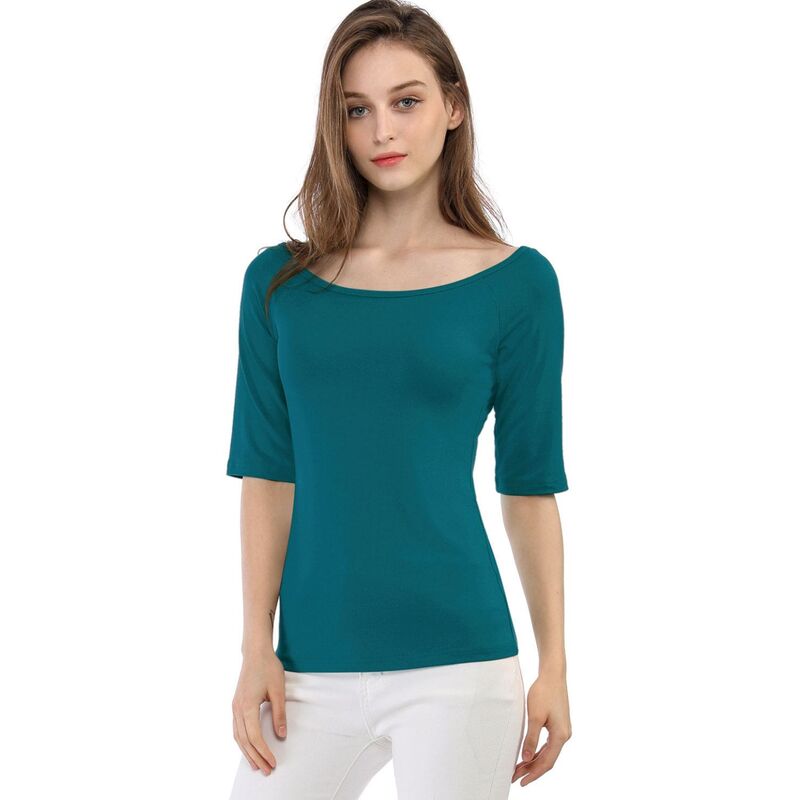 アレグラ ケー レディース トップス シャツ ALLEGRA K Women's Half Sleevescoop Neck Fitted Layering Top T-Shirt Blue Green ブルー