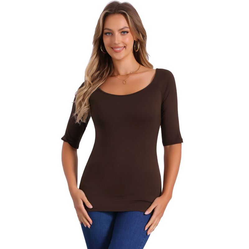 アレグラ ケー レディース トップス シャツ ALLEGRA K Women's Half Sleevescoop Neck Fitted Layering Top T-Shirt Coffee Brown ブラウン