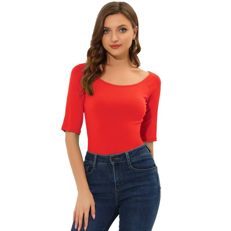 アレグラ ケー レディース トップス シャツ ALLEGRA K Women's Half Sleevescoop Neck Fitted Layering Top T-Shirt Deep Red レッド