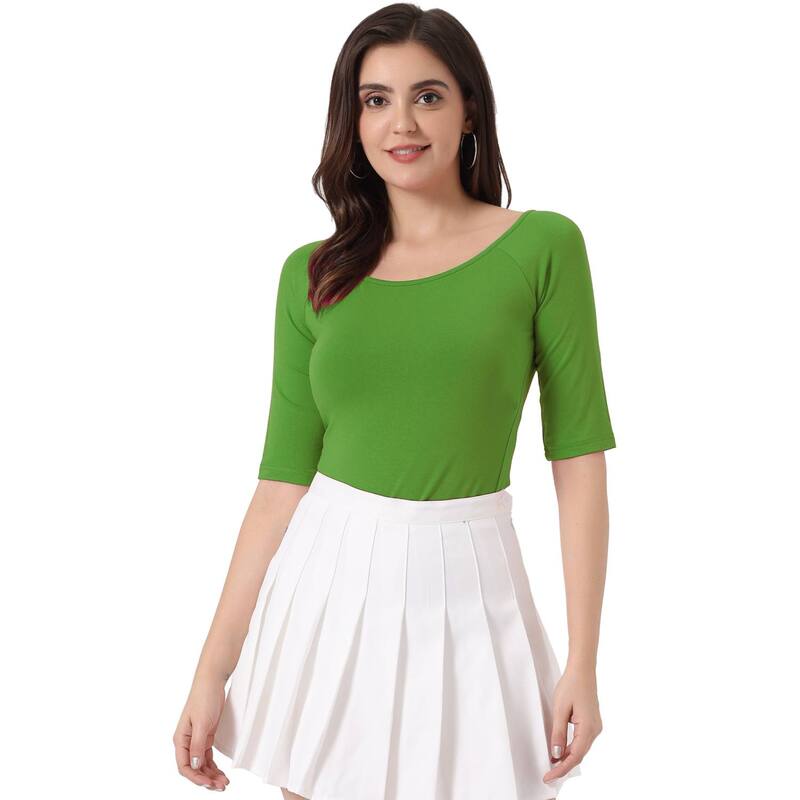 アレグラ ケー レディース トップス シャツ ALLEGRA K Women's Half Sleevescoop Neck Fitted Layering Top T-Shirt Grass Green グリーン