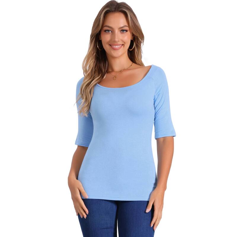 アレグラ ケー レディース トップス シャツ ALLEGRA K Women's Half Sleevescoop Neck Fitted Layering Top T-Shirt Light Blue ブルー