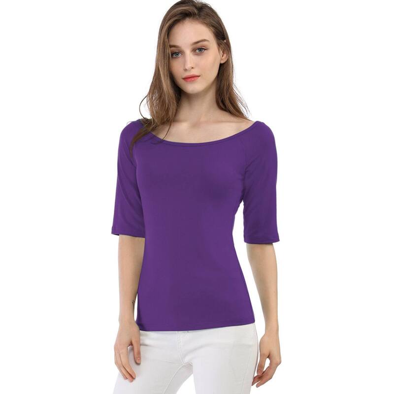 アレグラ ケー レディース トップス シャツ ALLEGRA K Women's Half Sleevescoop Neck Fitted Layering Top T-Shirt Purple パープル