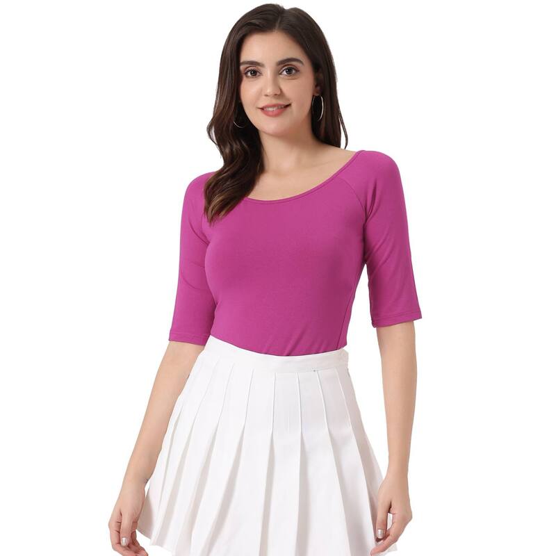 アレグラ ケー レディース トップス シャツ ALLEGRA K Women's Half Sleevescoop Neck Fitted Layering Top T-Shirt Purplish Red レッド