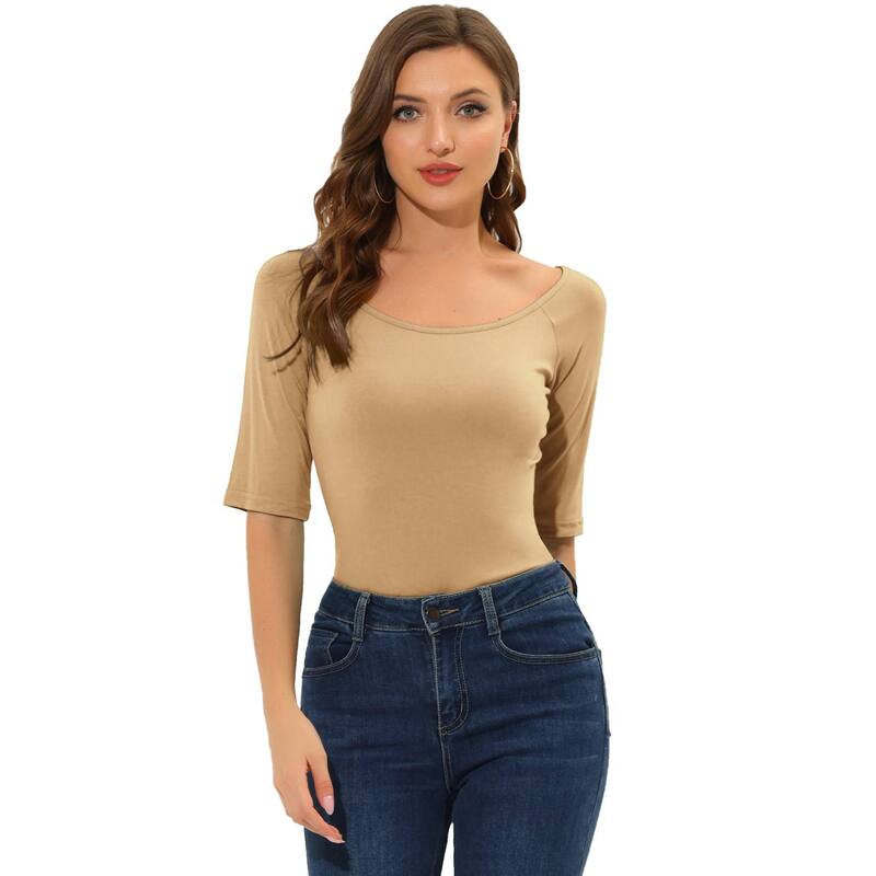 アレグラ ケー レディース トップス シャツ ALLEGRA K Women's Half Sleevescoop Neck Fitted Layering Top T-Shirtan タン