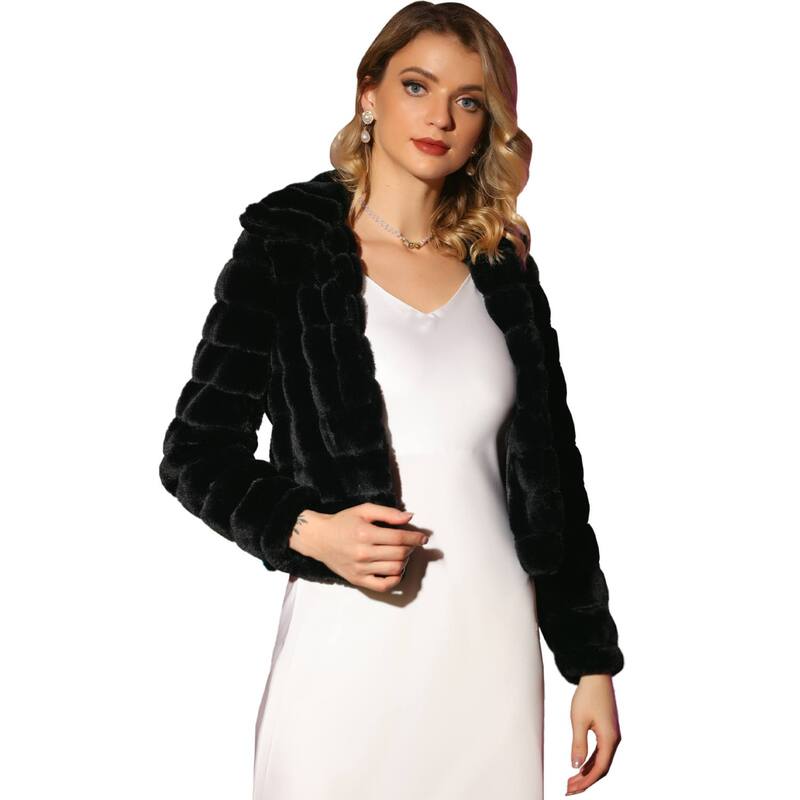 アレグラ ケー レディース アウター 上衣・上衣 落ち込む クロップド ALLEGRA K Women\u0027s Faux Fur Turn Down Collar Open Front Cropped Fluffy Jacket Black 黒いこと