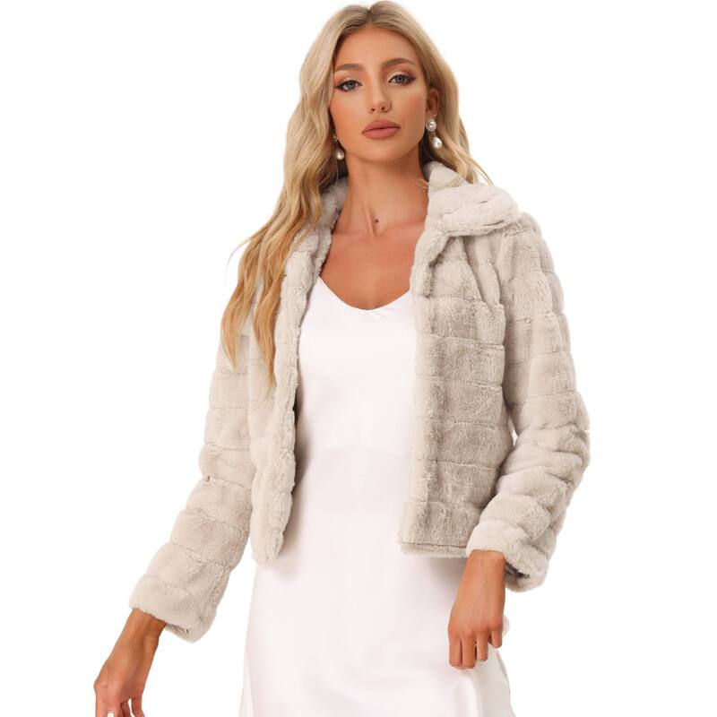 アレグラ ケー レディース アウター 上衣・上衣 落ち込む クロップド ALLEGRA K Women\u0027s Faux Fur Turn Down Collar Open Front Cropped Fluffy Jacket Light Khaki カーキ
