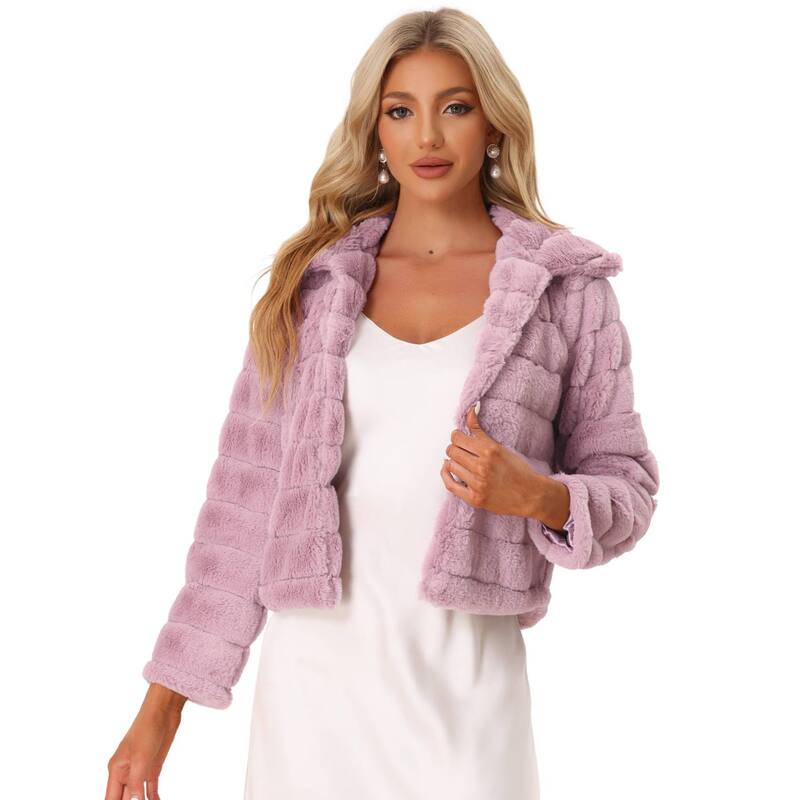 アレグラ ケー レディース アウター 上衣・上衣 落ち込む クロップド ALLEGRA K Women\u0027s Faux Fur Turn Down Collar Open Front Cropped Fluffy Jacket Pink サクラ色